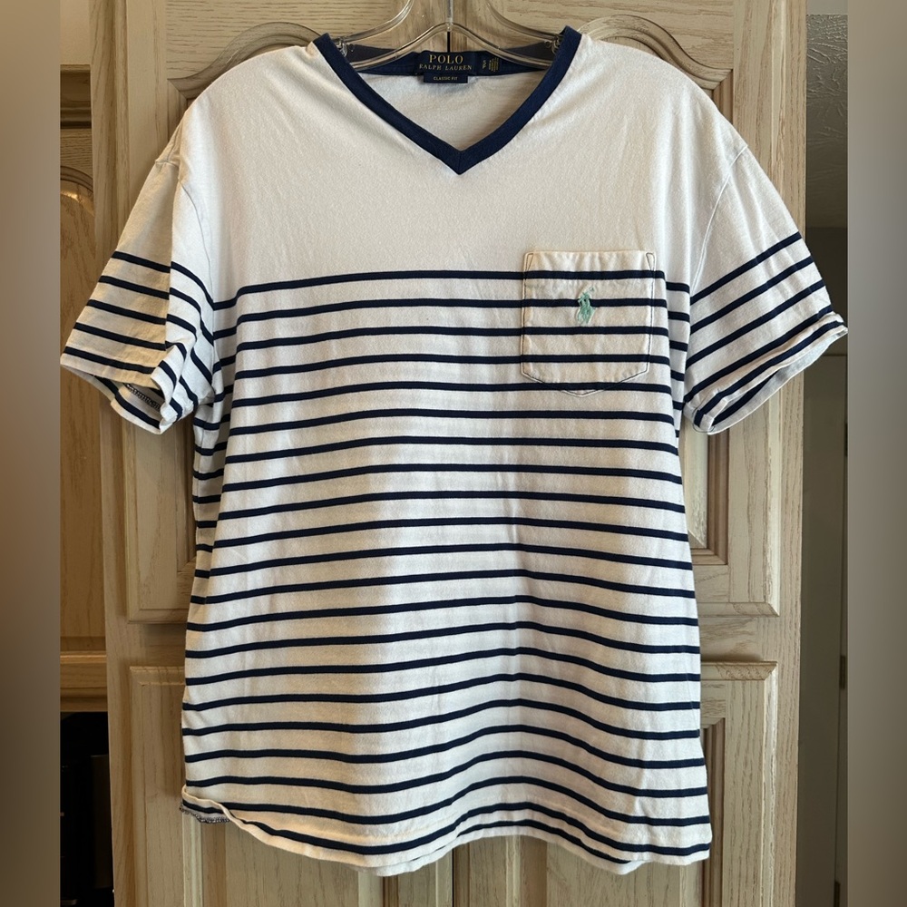 Polo Ralph Lauren Navy/White Classic Fit Striped v-neck with pocket Men’s Size S